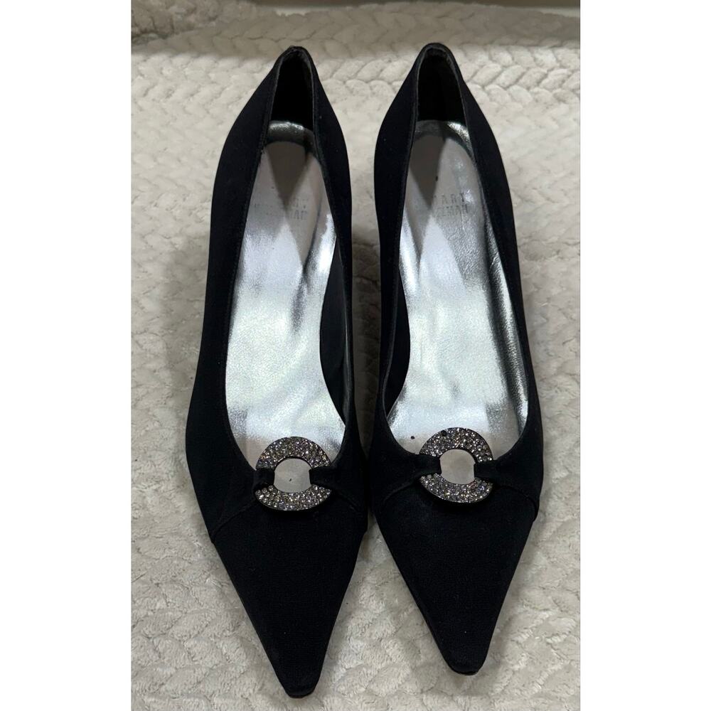 Stuart Weitzman Black Satin Crystal Buckle Pointed Toe Heels Pumps 8.5 M - Picture 4 of 7